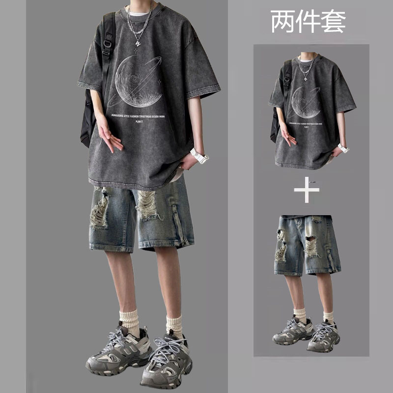 Summer Short-sleeved suit Boys Instagram Popular Brand American Retro Pure Cotton T-shirt with High Street Denim Shorts Two-piece Set
