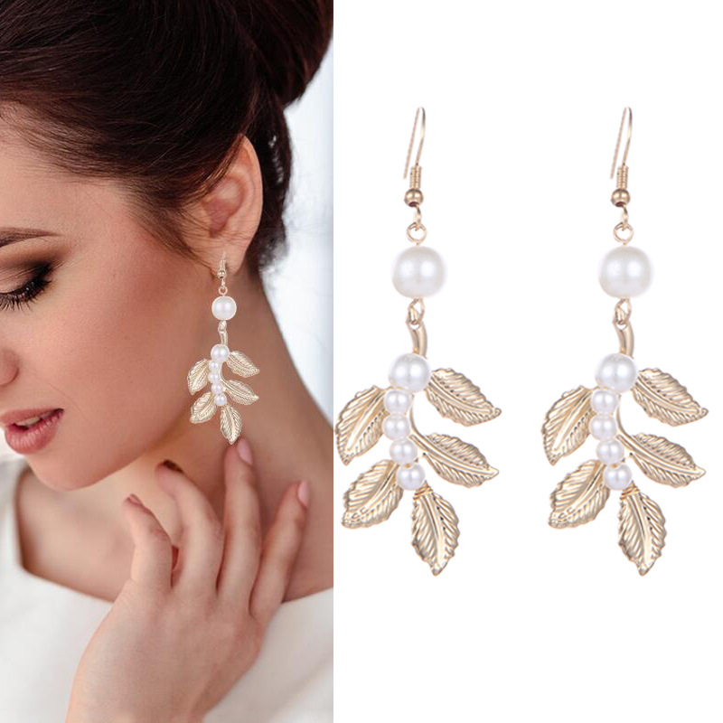 Ka ornaments European and American fashion Pearl leaf earrings earrings Baroque bridal ornaments Greek goddess earrings