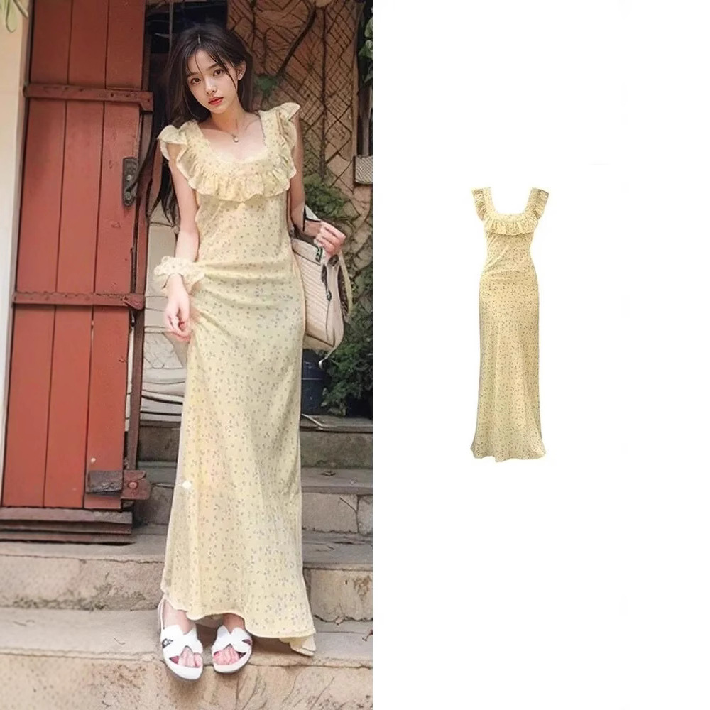 French Retro Floral dress Mid-length Elegant Lady's Square Collar Ruffle Skirt Women's Summer Over-the-Knee Dress