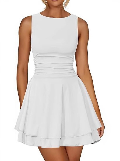 European and American Amazon Cross-Border New Women's Ruffled Boat Neck Mini Dress Sleeveless Ruffled Waist Dress Short Skirt