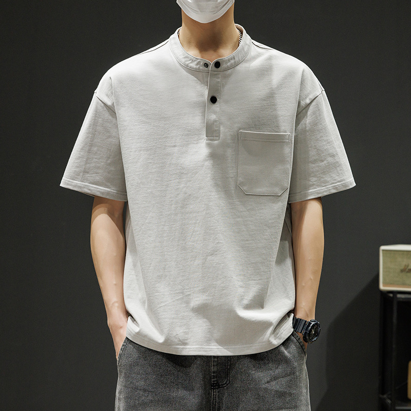 Half-Open T-Shirt for Men, Baseball Collar, Short-Sleeve Youth Top, Loose Casual Half-Sleeve Student Trendy Ins Simple Loose Fit