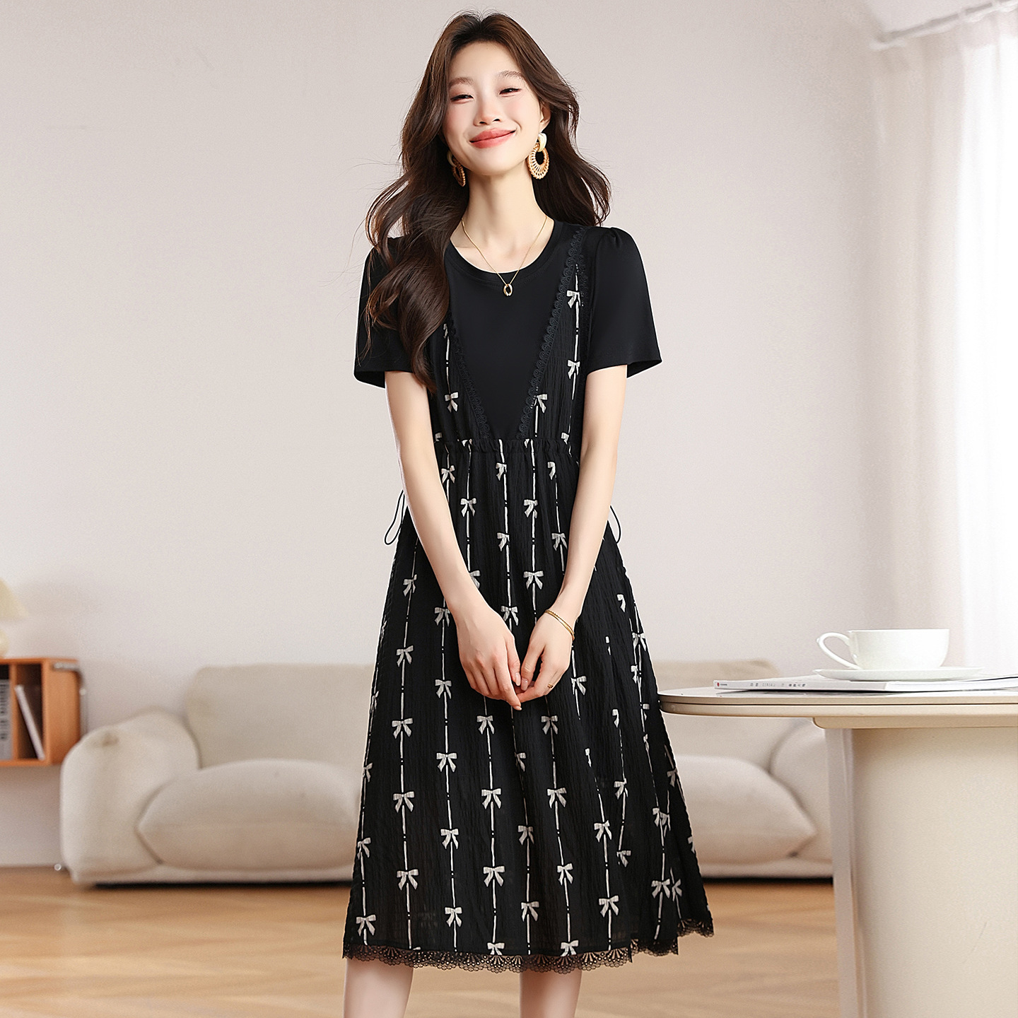 Korean Style Versatile Women's Clothing 2026 Summer New Fashion Elegant and Stylish Fake Two-Piece Bow Print Dress Round Neck Dress