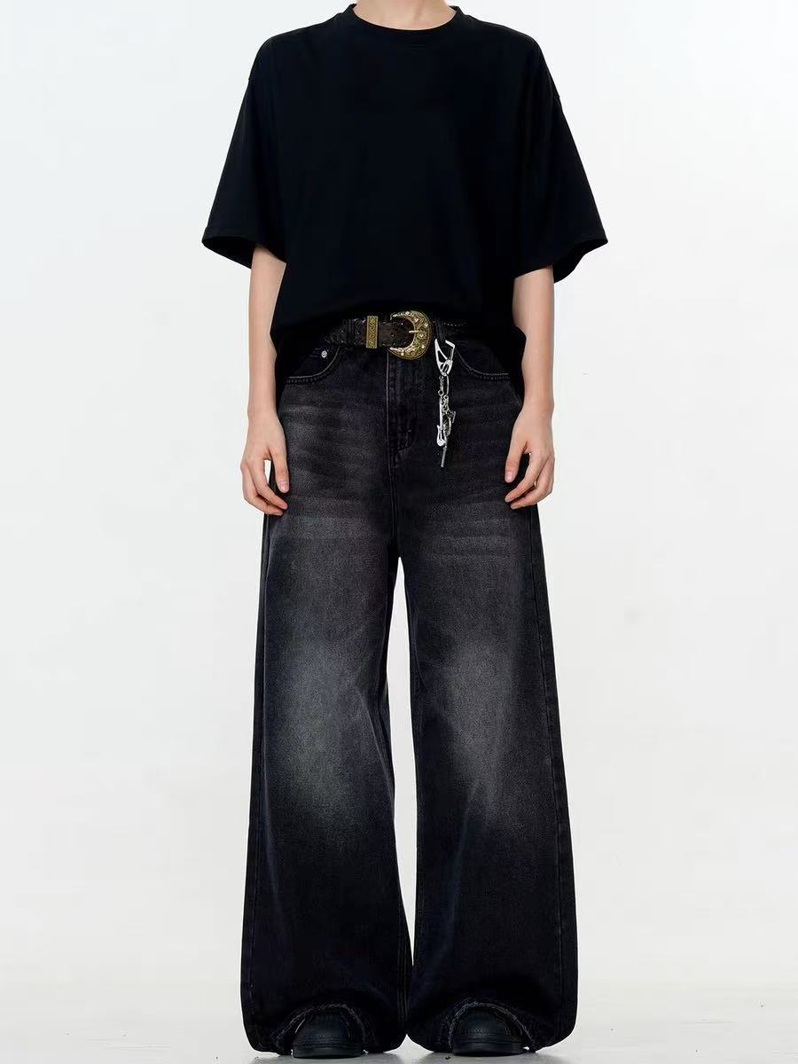 American Style High Street Loose Wide Leg Men's Jeans Retro Washed Old Fashion Brand Black Straight Pants Women