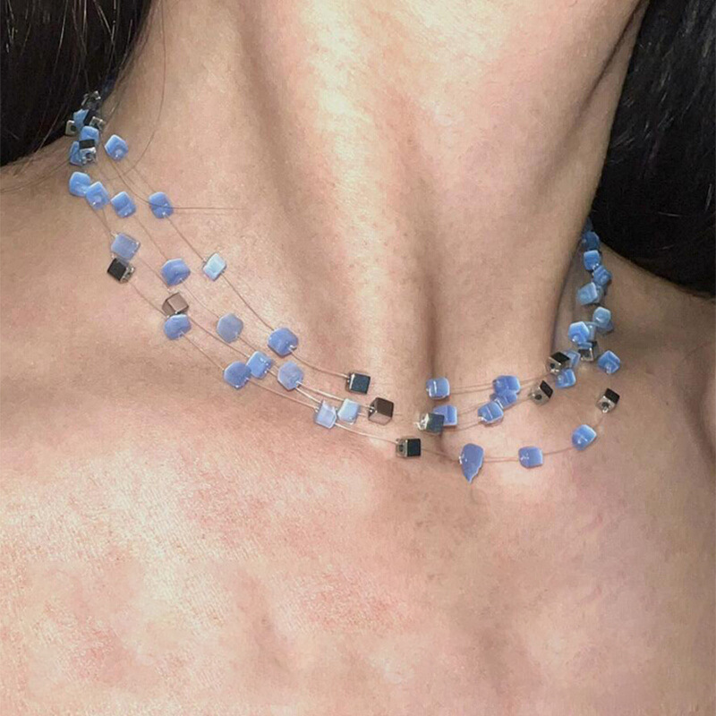 Retro Simple Square Opal Necklace Choker Stacked Collarbone Chain Niche Fashion High-end Temperament Necklace