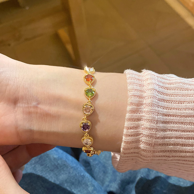 Colorful Dopamine Inlaid Zircon Love Bracelet Women's Niche Design Sense Bracelet Light Luxury Sweet Girl's Heart Bracelet for Women