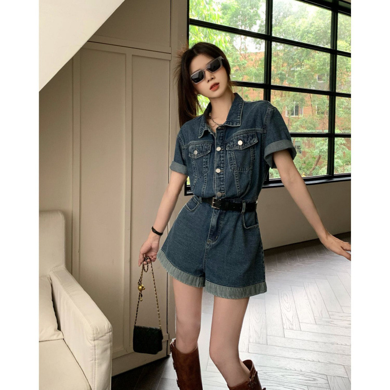 Trendy Retro Denim Workwear Short-Sleeve Jumpsuit Shorts for Women, Summer New Petite Wide-Leg Pants
