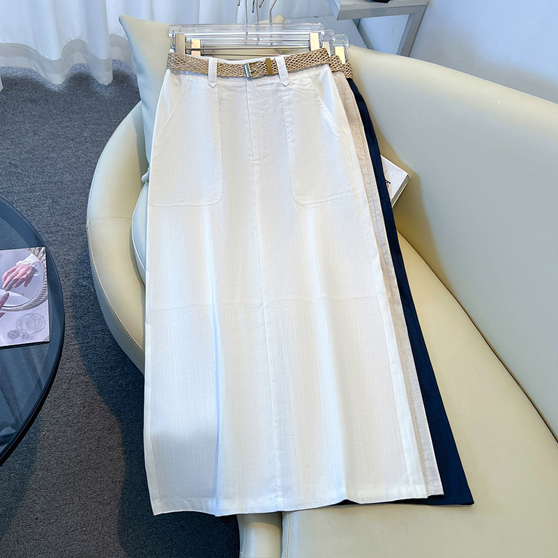 Tencel Linen Mid-Length Skirt for Women 2026 Summer New High-Waisted Thin Style Casual A-Line Skirt with Back Slit