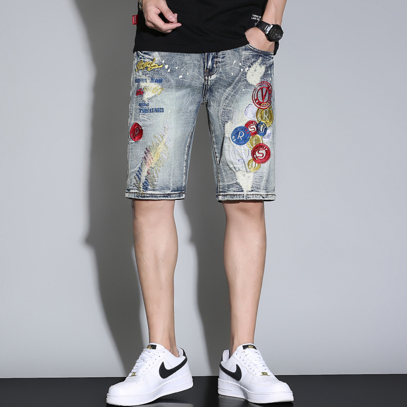 New Summer Style Men's Denim Shorts with Trendy Personality, Distressed Design, Embroidery, and Patches, Mid-Waist Length