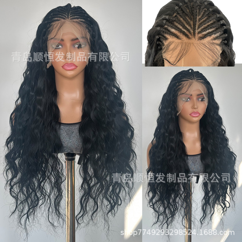 Foreign Trade Wig with Small Curls, Baby Hair Lace Wig, Synthetic Fiber Small Braids, Semi-Hand-Crocheted 13*6 Lace Headpiece