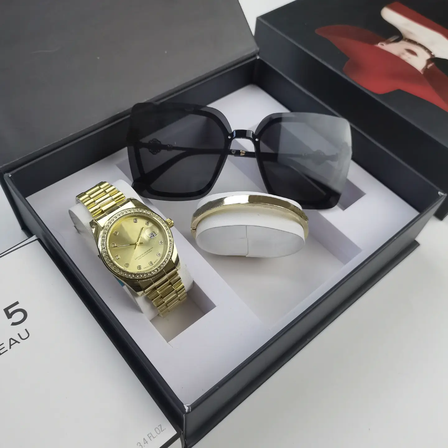 Watch Glasses Set Log with Diamond Men's Watch Calendar Steel Strip Watch Sunglasses Gift Box Packaging