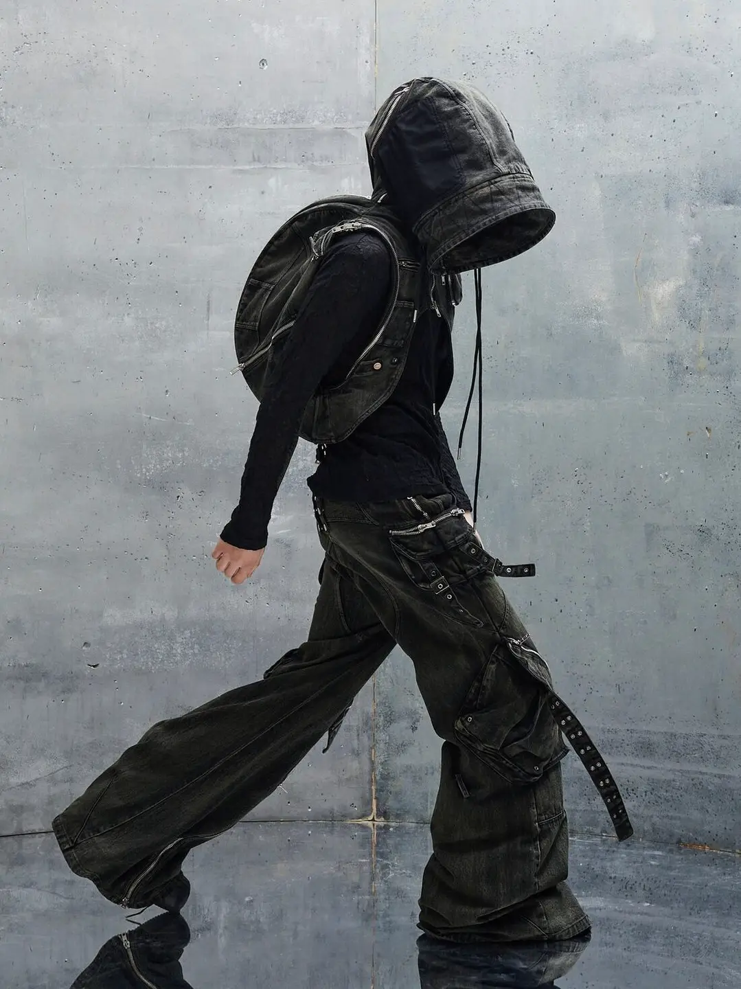 No/Faith Studios Heavy-Duty Multi-Zip Workwear Denim Hat Backpack Vest Multifunctional Bag