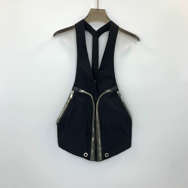 Dark High Street Versatile Style Biker Multi-Pocket Zipper Sleeveless Casual V-Neck Vest Jacket Outerwear for Men
