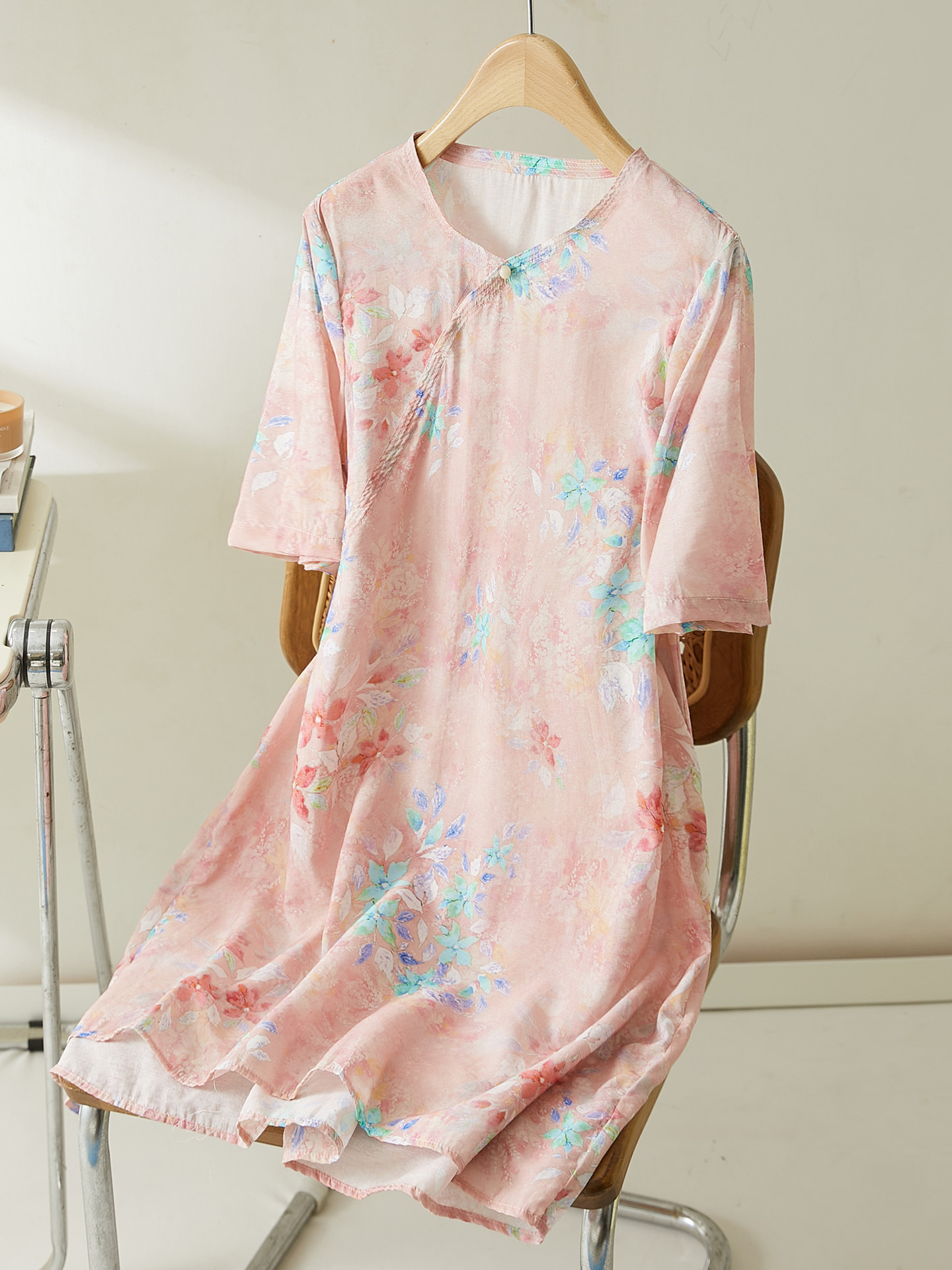 Cotton Cocoon Pink Printed Dress for Women 2026 Summer New Style Mid-Length New Chinese Style National Style Dress
