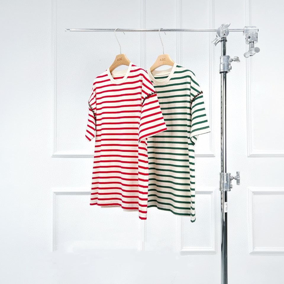 Warren Hailong |   Unisex Nordic Style Urban Fashionable Personality Pure Cotton Scalloped Edge Striped Short-Sleeve T-Shirt