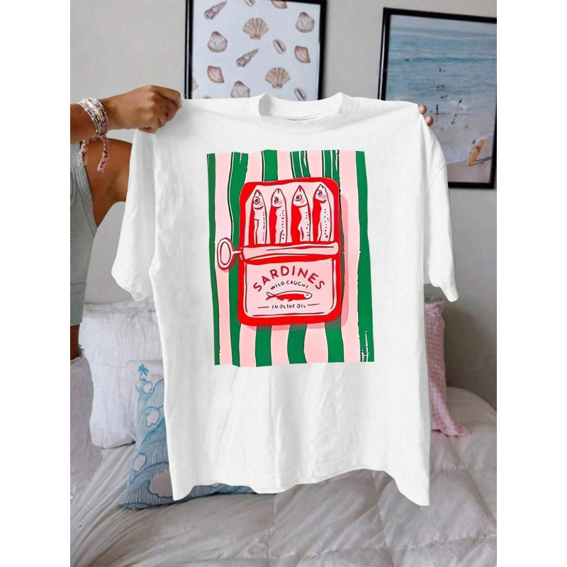 European and American Cross-Border Foreign Trade Round Neck Short-Sleeved Striped Salted Fish Pattern Printed Summer New Style T-Shirt for Women