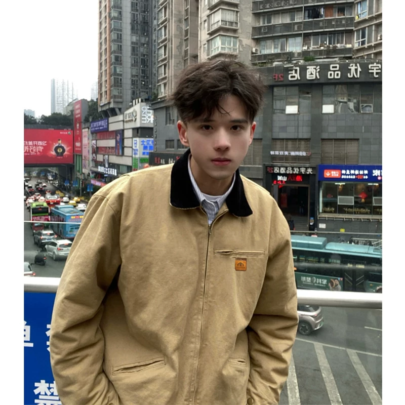 Khaki short jacket men's spring and autumn style American retro collar baseball jacket, high-end Detroit workwear jacket