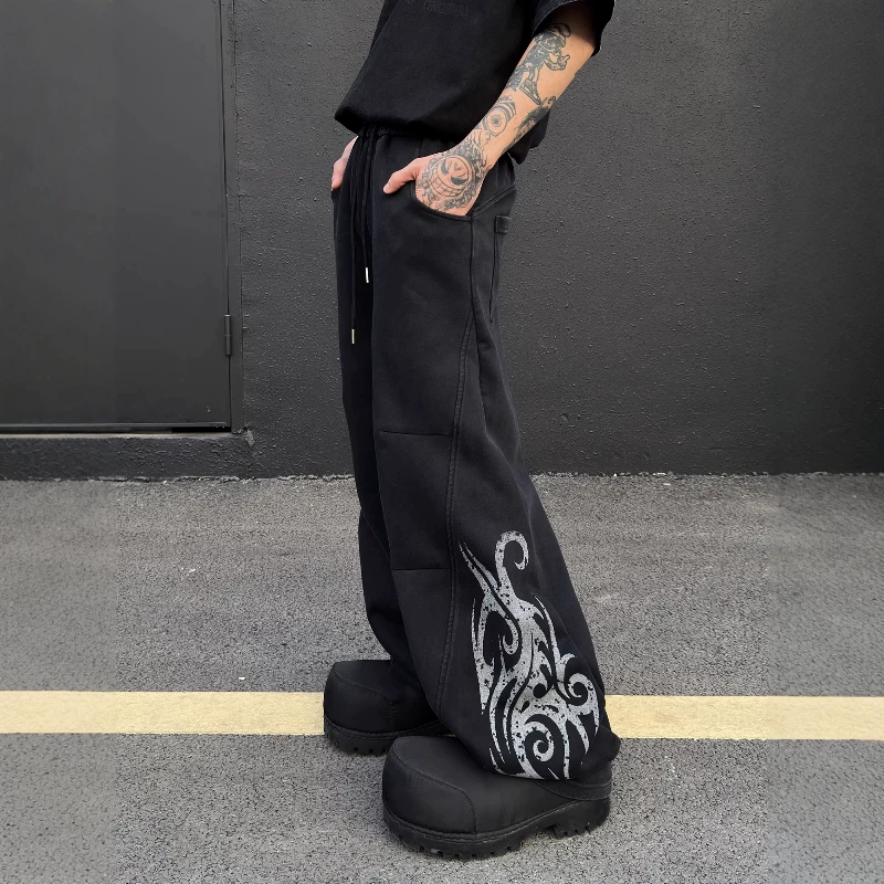 American retro totem print elastic waist washed distressed casual pants for men and women, loose and versatile wide leg curved knife guard pants