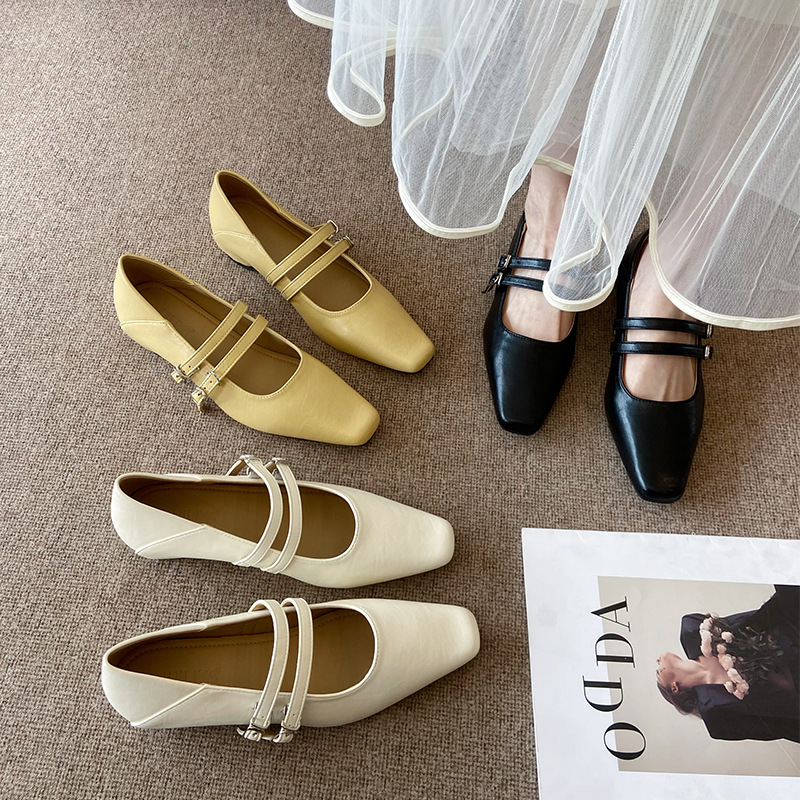 Hui Liya F2368-7 New Model in Stock 2026 Spring New Pointed-Toe Mary Jane Shoes for Women, Genuine Leather, Double Buckle, Shallow Mouth