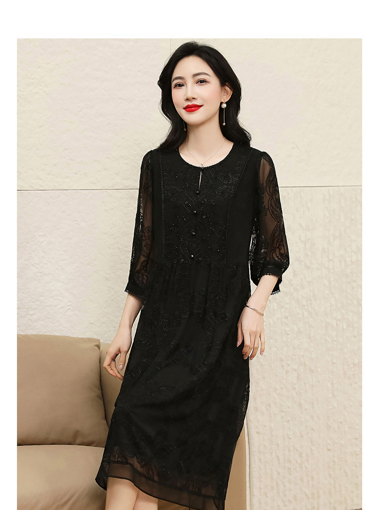 2026 New Model Hangzhou Silk Embroidered Dress for Women, Mid-Length, Elegant and Graceful, Made of Mulberry Silk with Long Sleeves and Lace