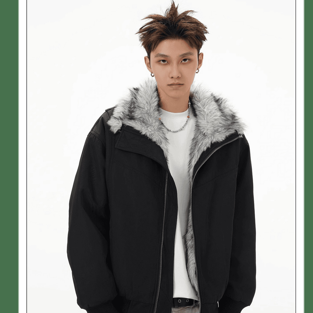 American Style Vintage High Street Mountain Carved Wool Collar Cotton-padded Jacket for Men and Women Couple's Aviator Jacket fleece-lined Warm Cotton-padded Clothes Fashion