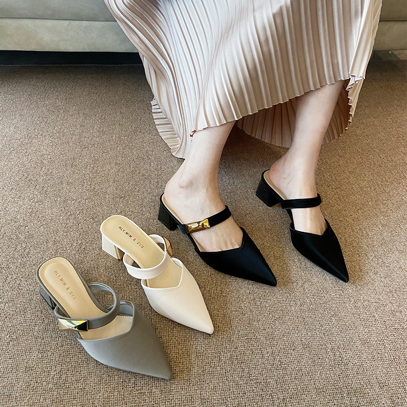 5330-6 Fairy-Style Pointed-Toe Chunky Heel Comfortable Open-Back Mules 2026 New Summer French Mules