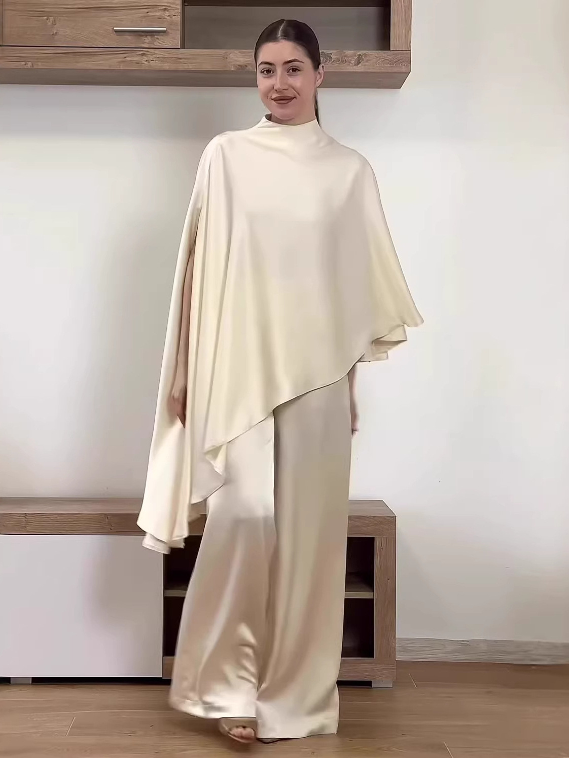 2026 New Cross-Border European and American Fashion Women's Long-Sleeve Irregular Top High-Waisted Slimming Wide-Leg Pants Set