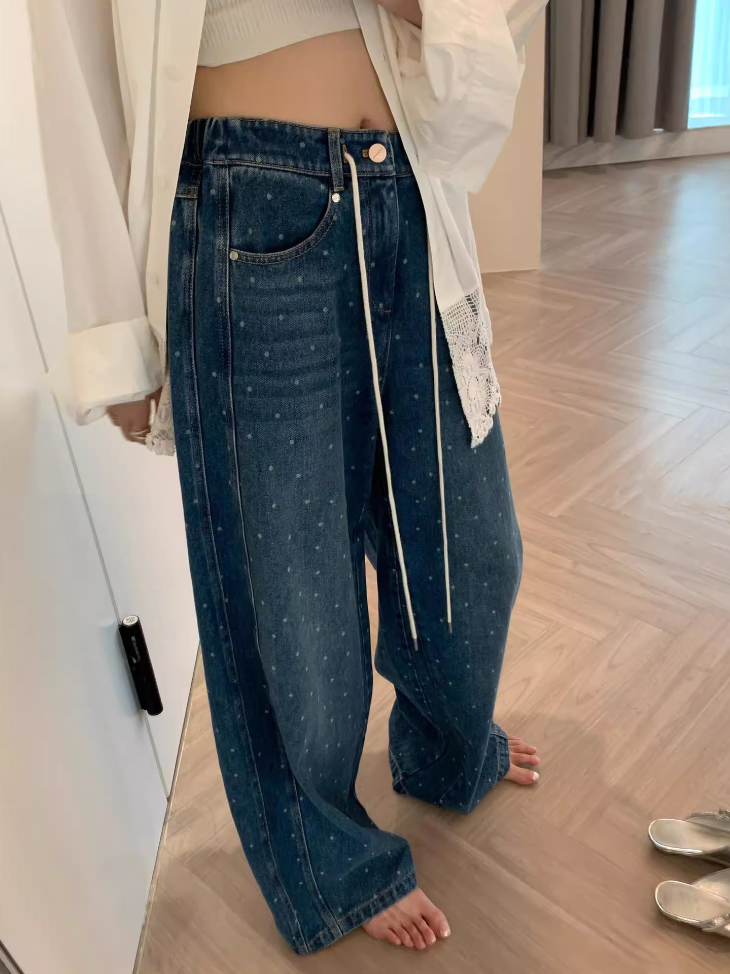 【Clearance No Returns/Exchanges】Vintage Polka Dot Elastic Waist Loose Straight Casual Pants Slimming Wide Leg Jeans for Women