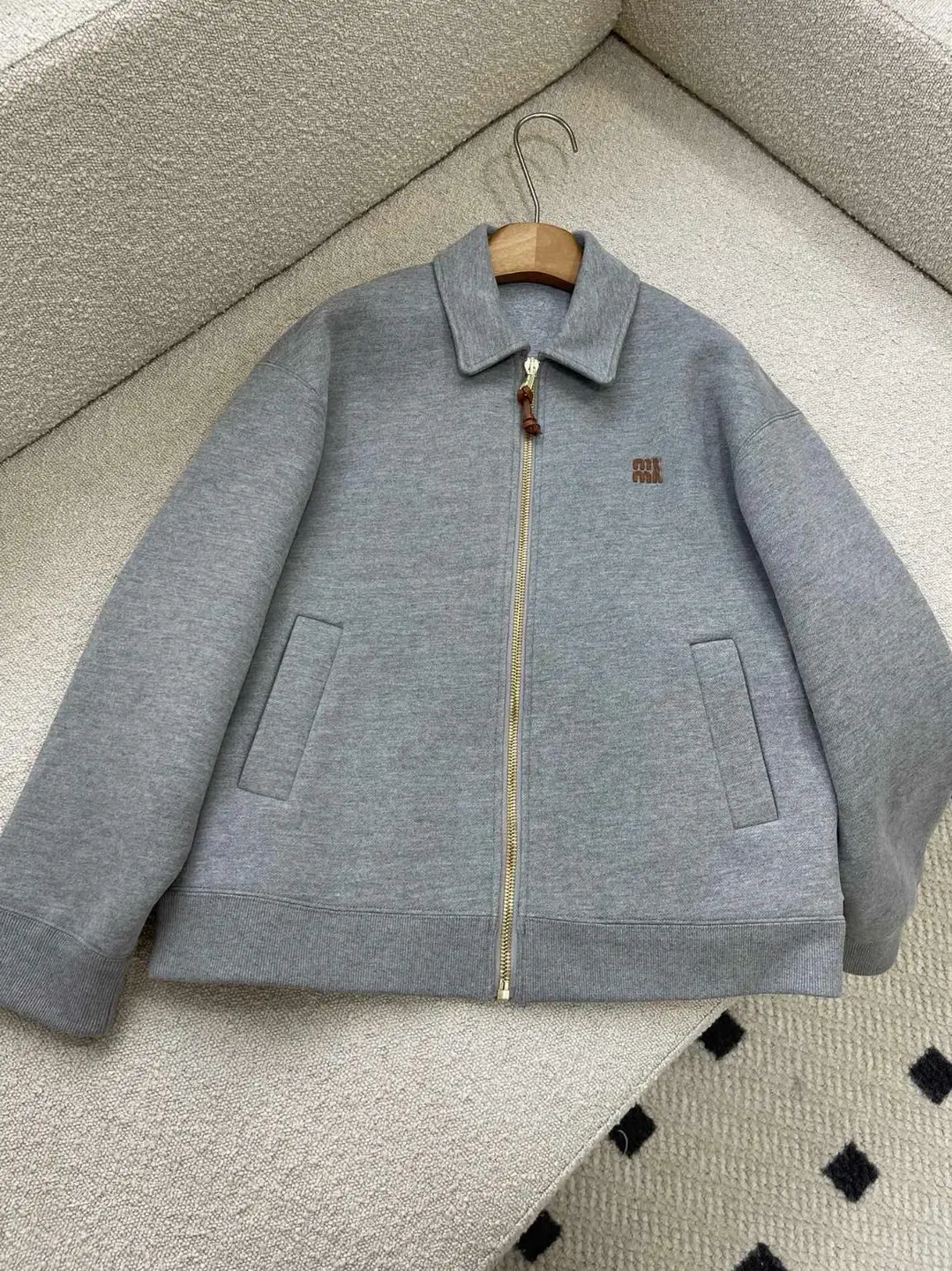 Own the Ceiling! Miu Style letter Embroider Leather Logo Gray Zipper jacket Outwear Unisex