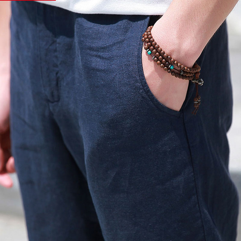 Pure linen pants men's summer thin retro 100% linen cropped pants Chinese style casual trousers men's loose fashion