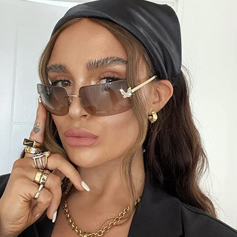 2024 new frameless sunglasses European and American sunscreen glasses fashion high sense butterfly accessories diamond sunglasses ladies
