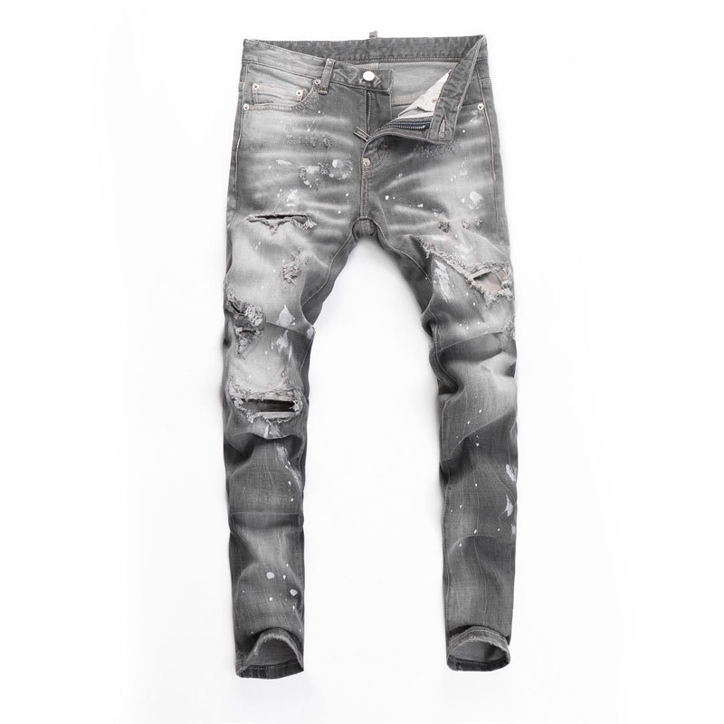 European and American Street Fashion Men's Jeans Old Washed Paint Printing and Dyeing Ripped Patch Fashion Brand Slim-fit Skinny Pants