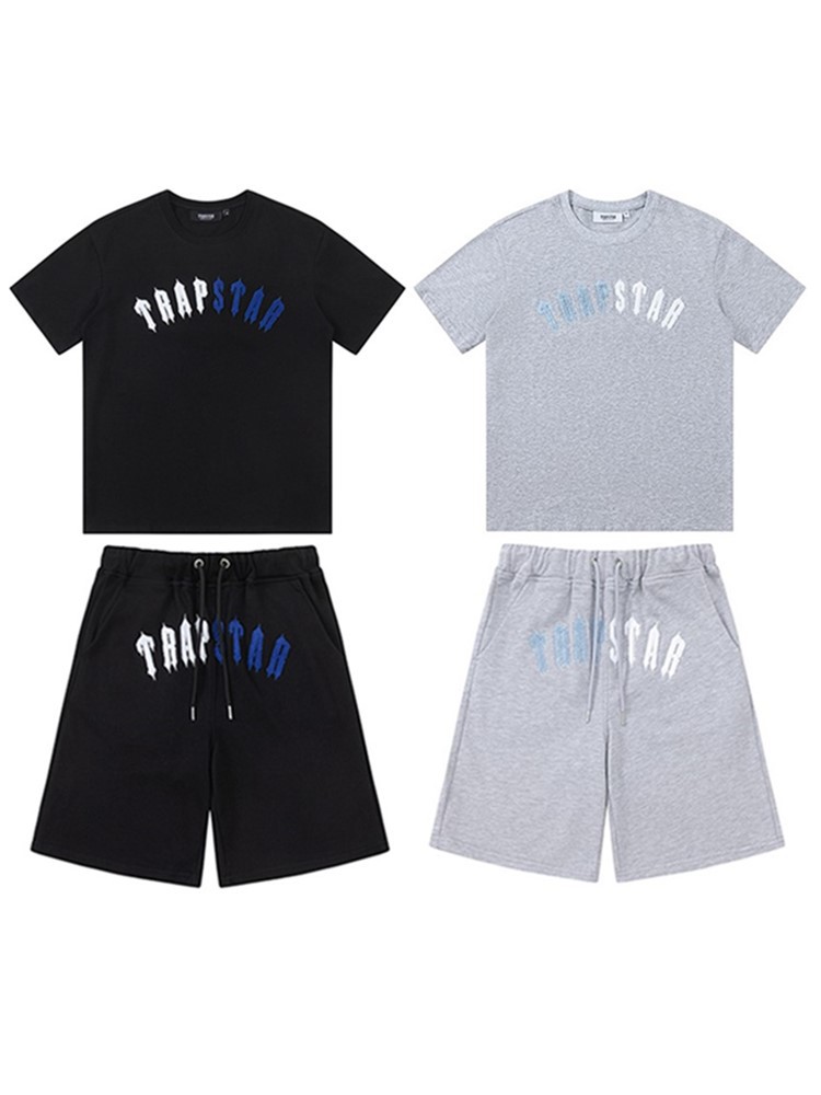 Trapstar Summer Short-Sleeved Shorts for Men and Women European and American Star Rap Towel Embroidered Color Block Letter T-Shirt Suit