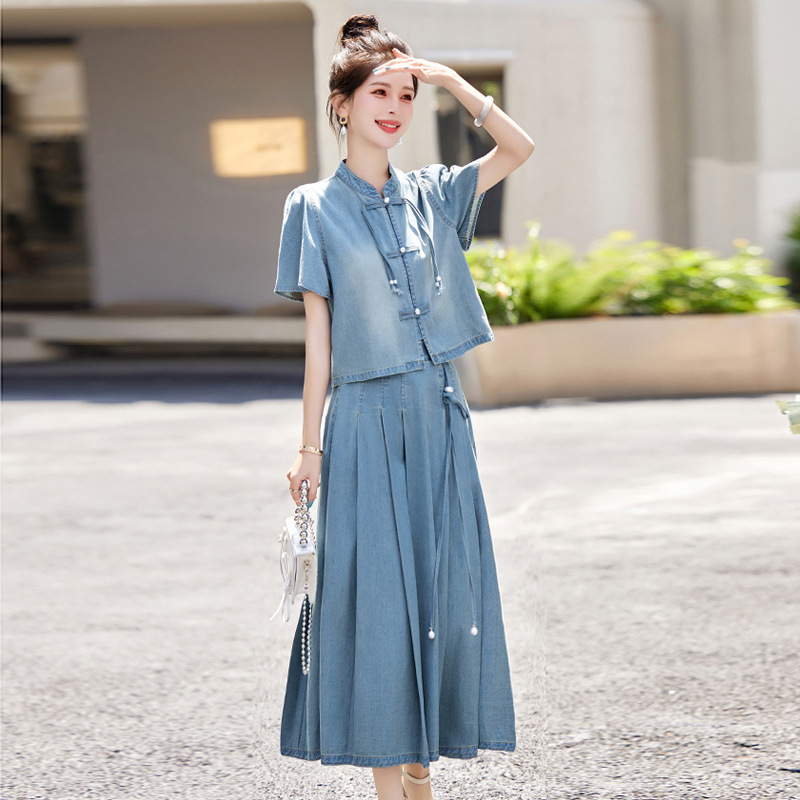 New Chinese-Style National Style Denim Suit Skirt for Women, 2026 Summer New Retro Buttoned Half Skirt, Fashionable Two-Piece Set