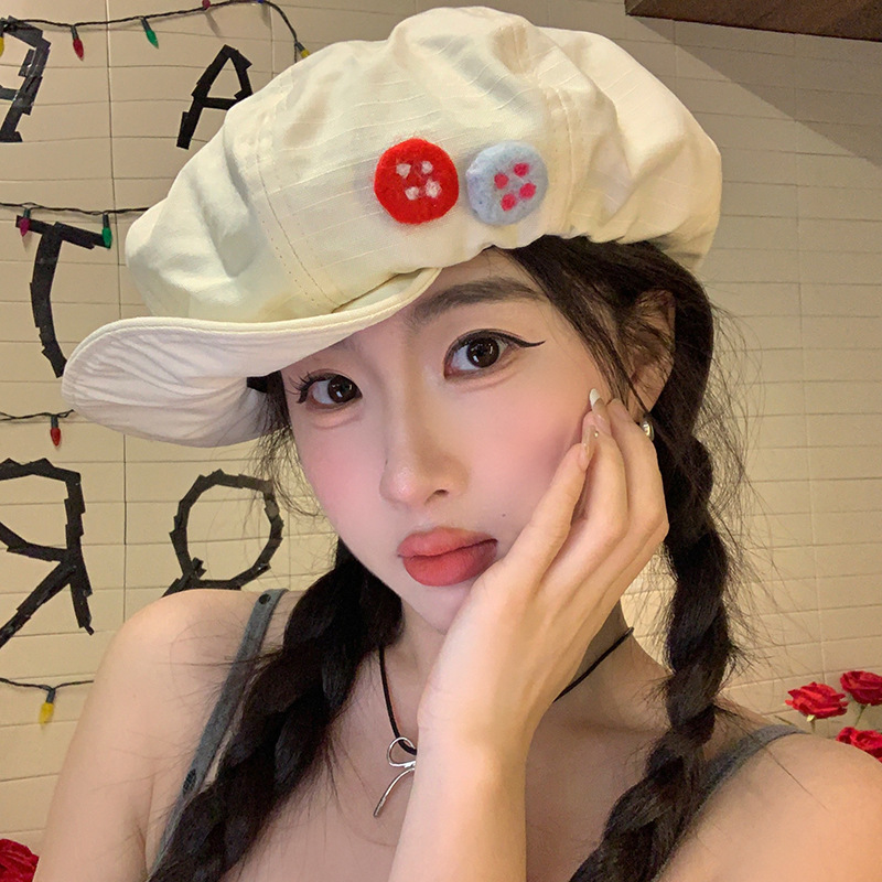 Korean Retro Cotton and Linen Cloud Hat Autumn and Winter Colorful Button Forward Hat Japanese Versatile Face-Slimming Cloud Hat for Women