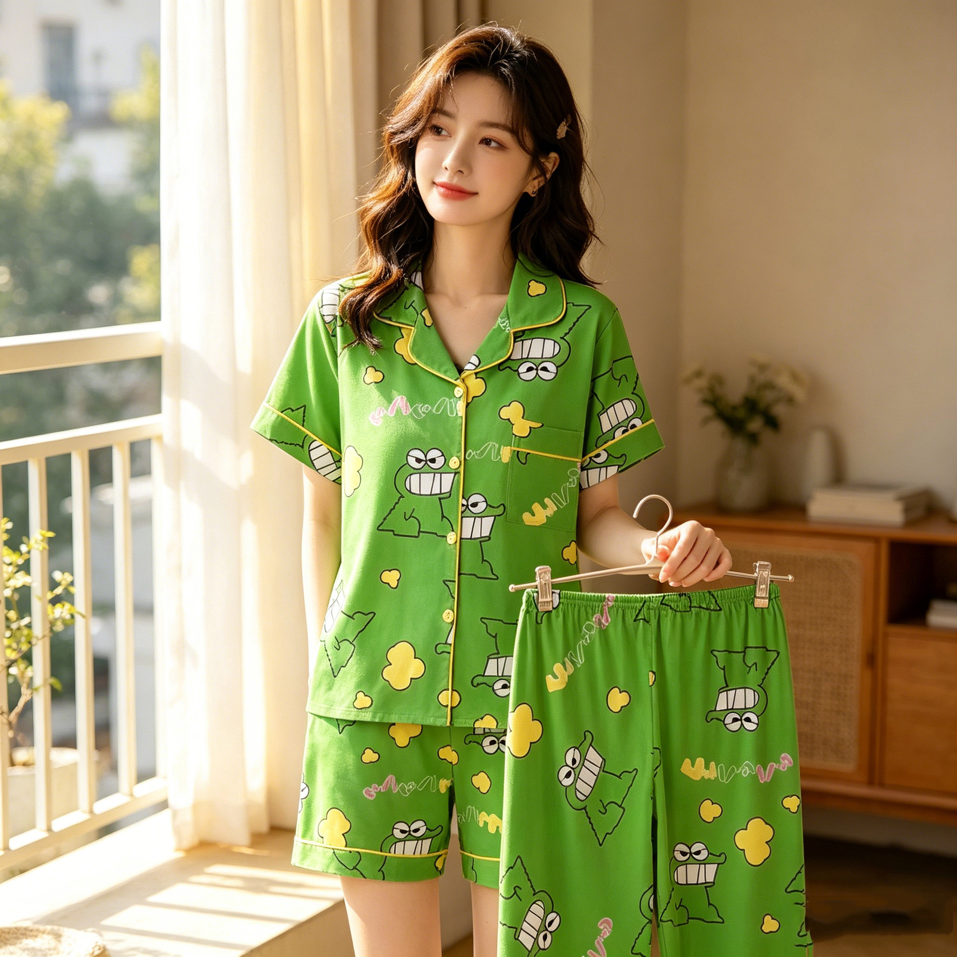 Fresh Cartoon Summer Pajamas for Women, Cardigan Short-Sleeved, Cute and Youthful, Student Home Wear Three-Piece Set Wholesale