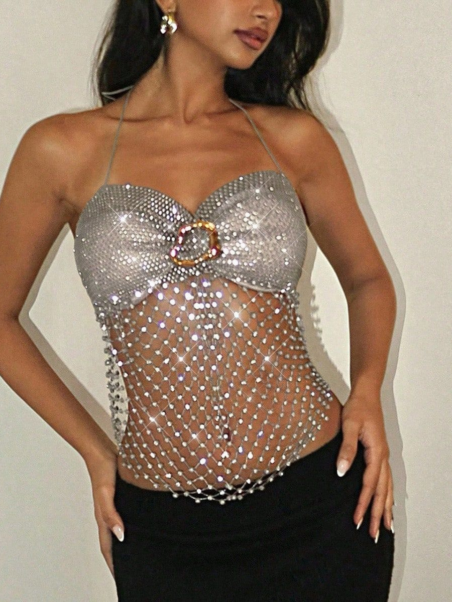 Cross-Border European and American Fishnet Rhinestone Top, Amazon Best-Selling Hot Girl Tank Top, Music Festival Outfit, Sexy Camisole for Women