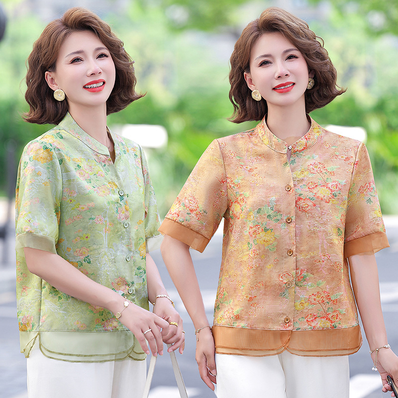 Summer Thin Printed Shirts for Middle-Aged and Elderly Women, Loose and Slimming Mom-Style Shirts, Chinese Style Stand-Up Collar Short-Sleeved Shirts