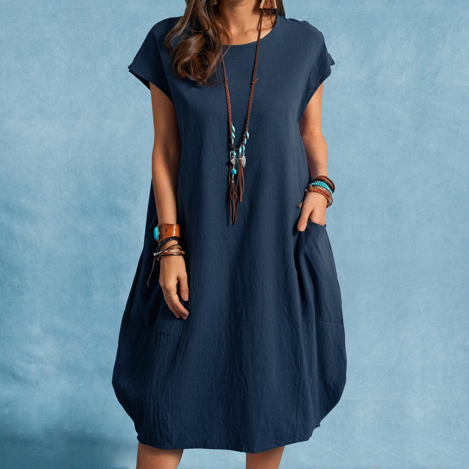Spring and Summer 2022 European and American Amazon Independent Station ebay Cotton and Linen Loose Casual Solid Color Pocket Dress Women's Clothing