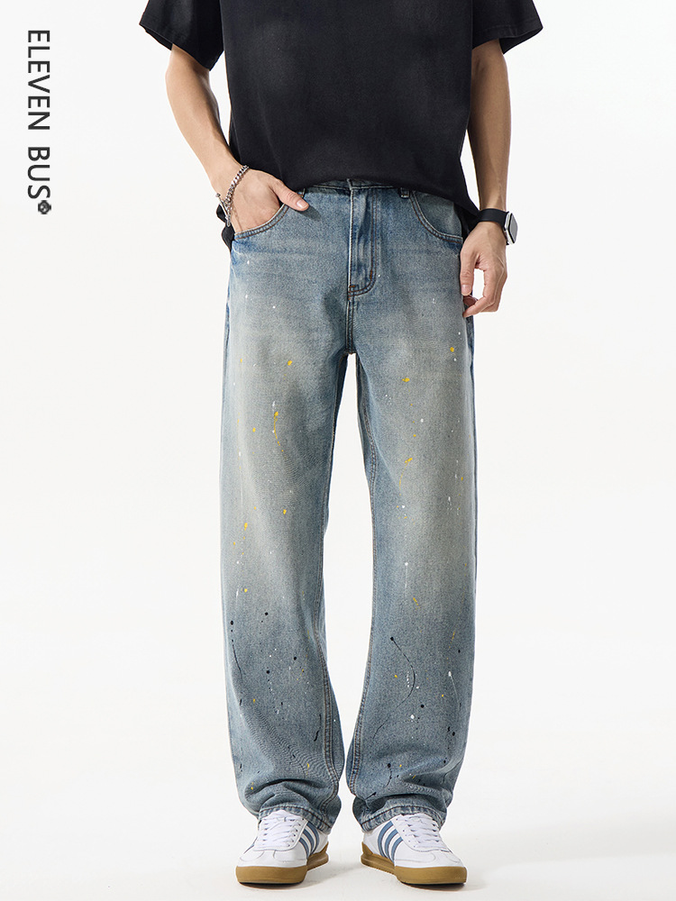 Cross-Border New Style Men's Jeans Trendy Brand Straight-Leg Casual Loose Letter Graffiti Print Denim Pants for Men