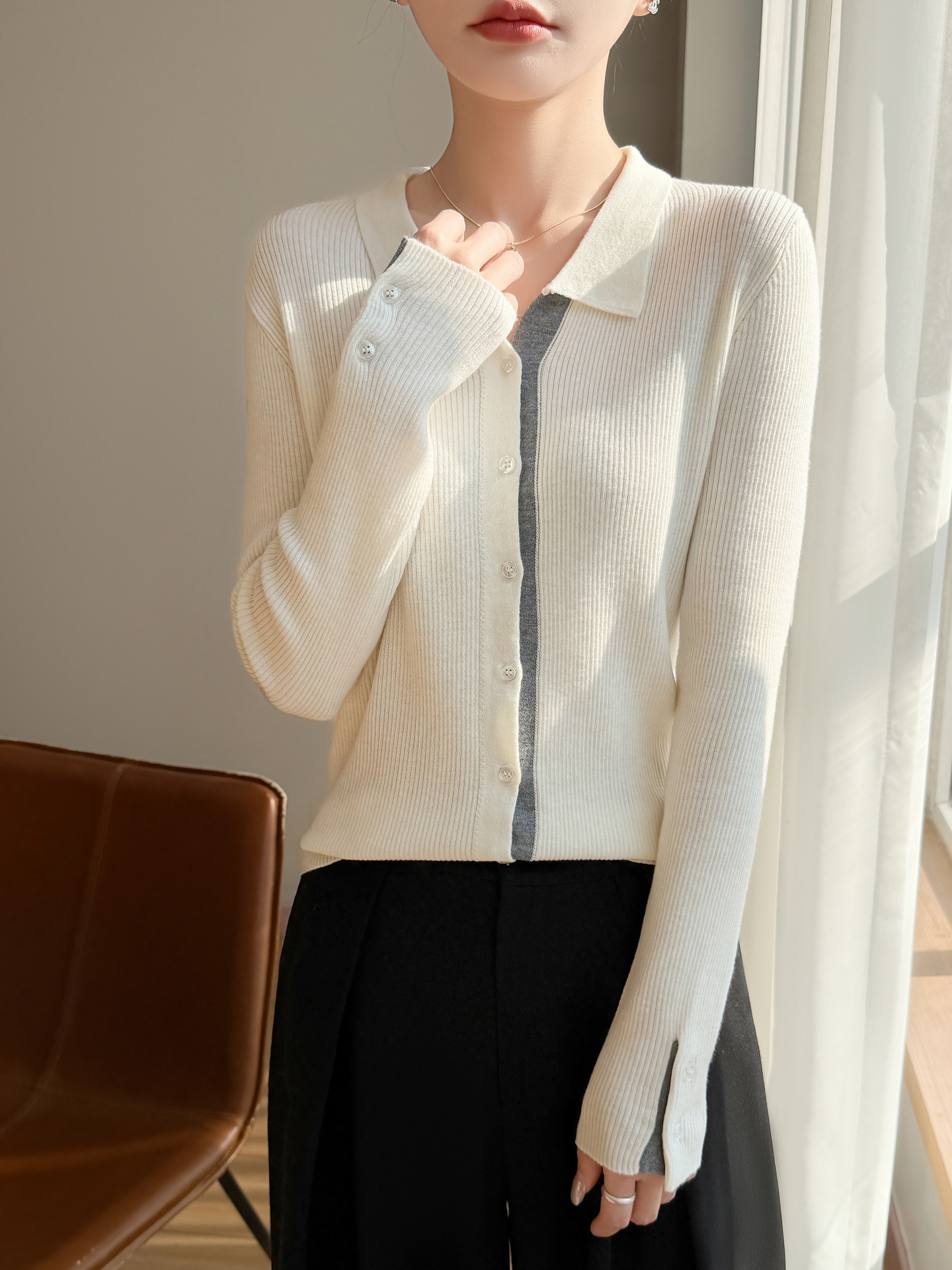 2026 Spring and Autumn New Silk Wool Polo Collar Knitted Cardigan Women's Color-Block Slim Fit Top Jacket