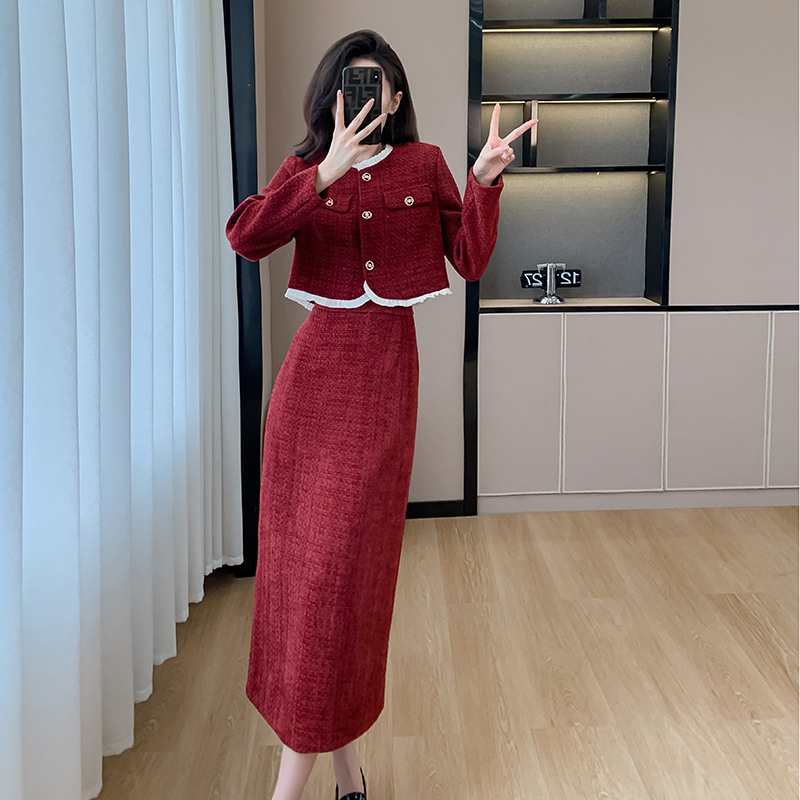 Korean style autumn and winter Chanel style red woolen coat skirt two-piece set women's high-grade temperament suit skirt