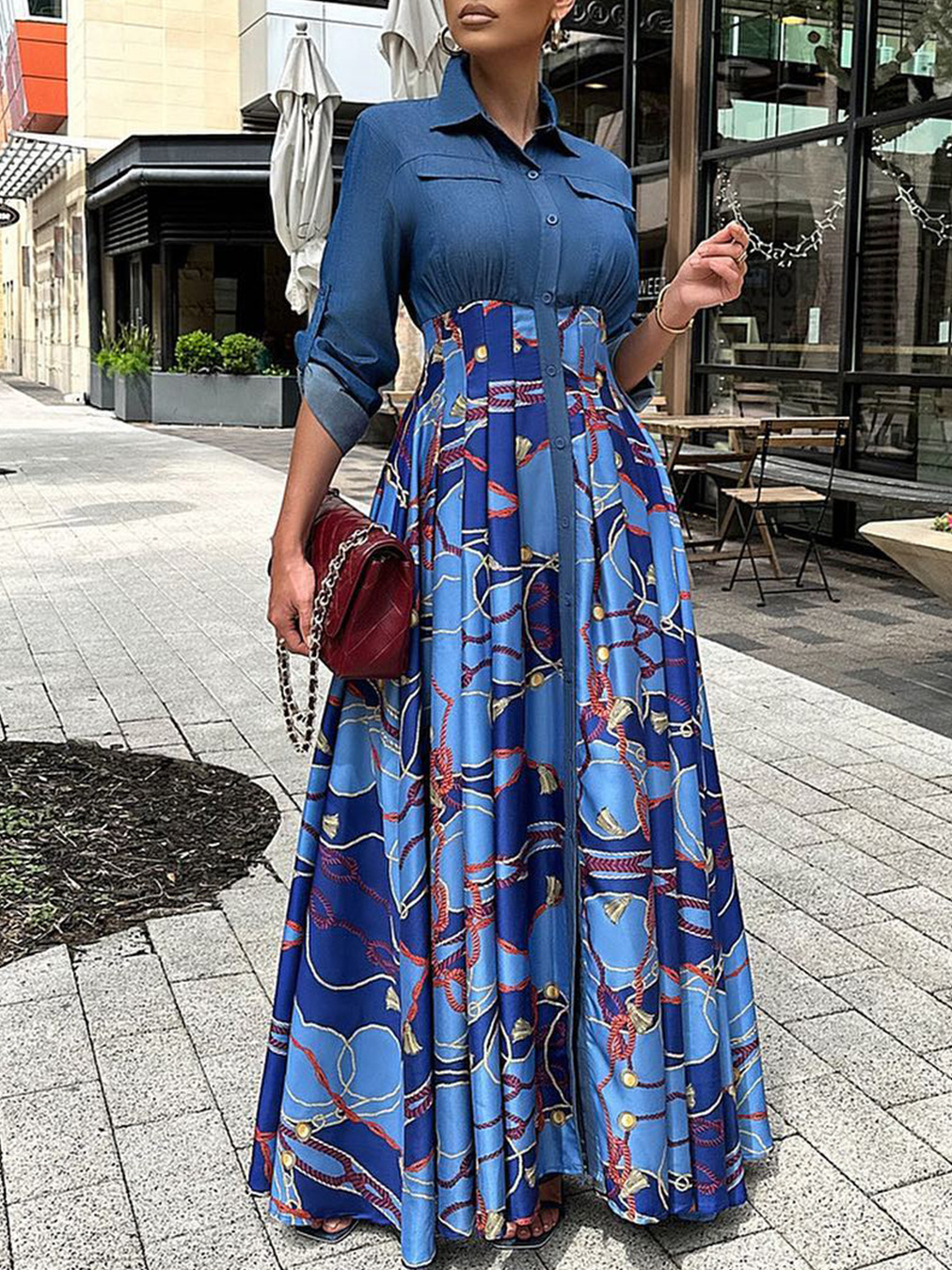 C8551 autumn and winter New plus size women's clothing fashion casual Denim stitching printed long dress large swing foreign trade dress