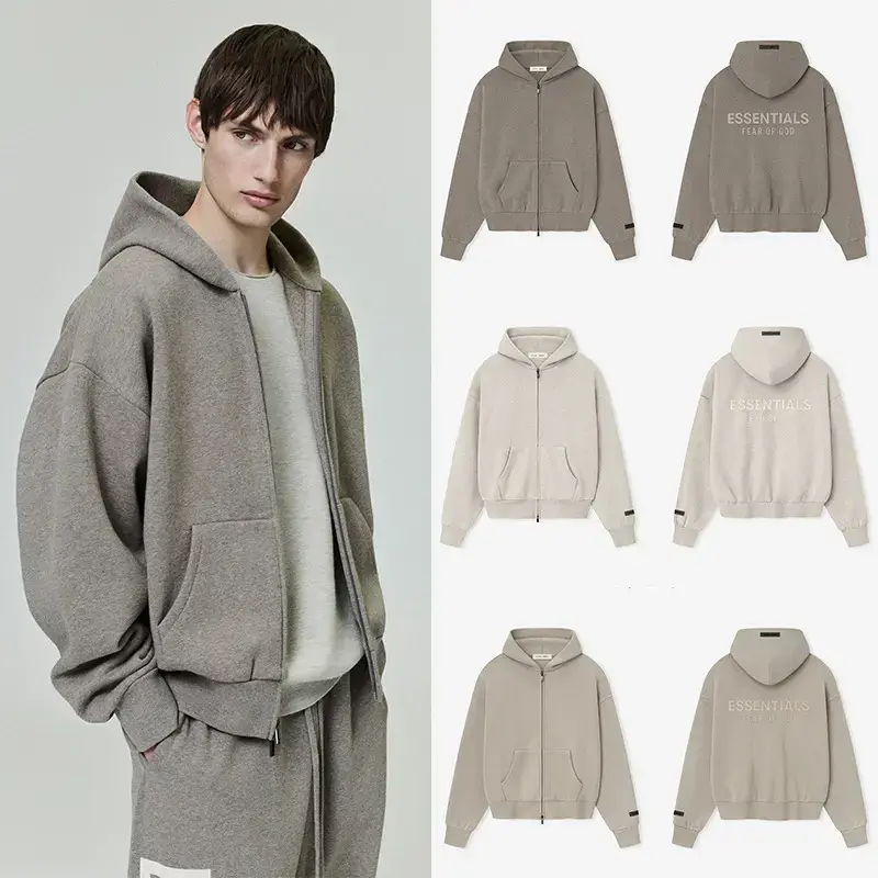 25Ss Essentials American High Street Fashion Brand Metal Laminated Autumn and Winter Fleece-Lined Zipper Jacket Sweatshirt for Men and Women