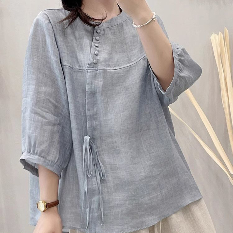 2026 Summer New Style Artistic Retro Casual Loose Slimming Five-Quarter Sleeve Solid Color Tie-Up Top Shirt Blouse for Women