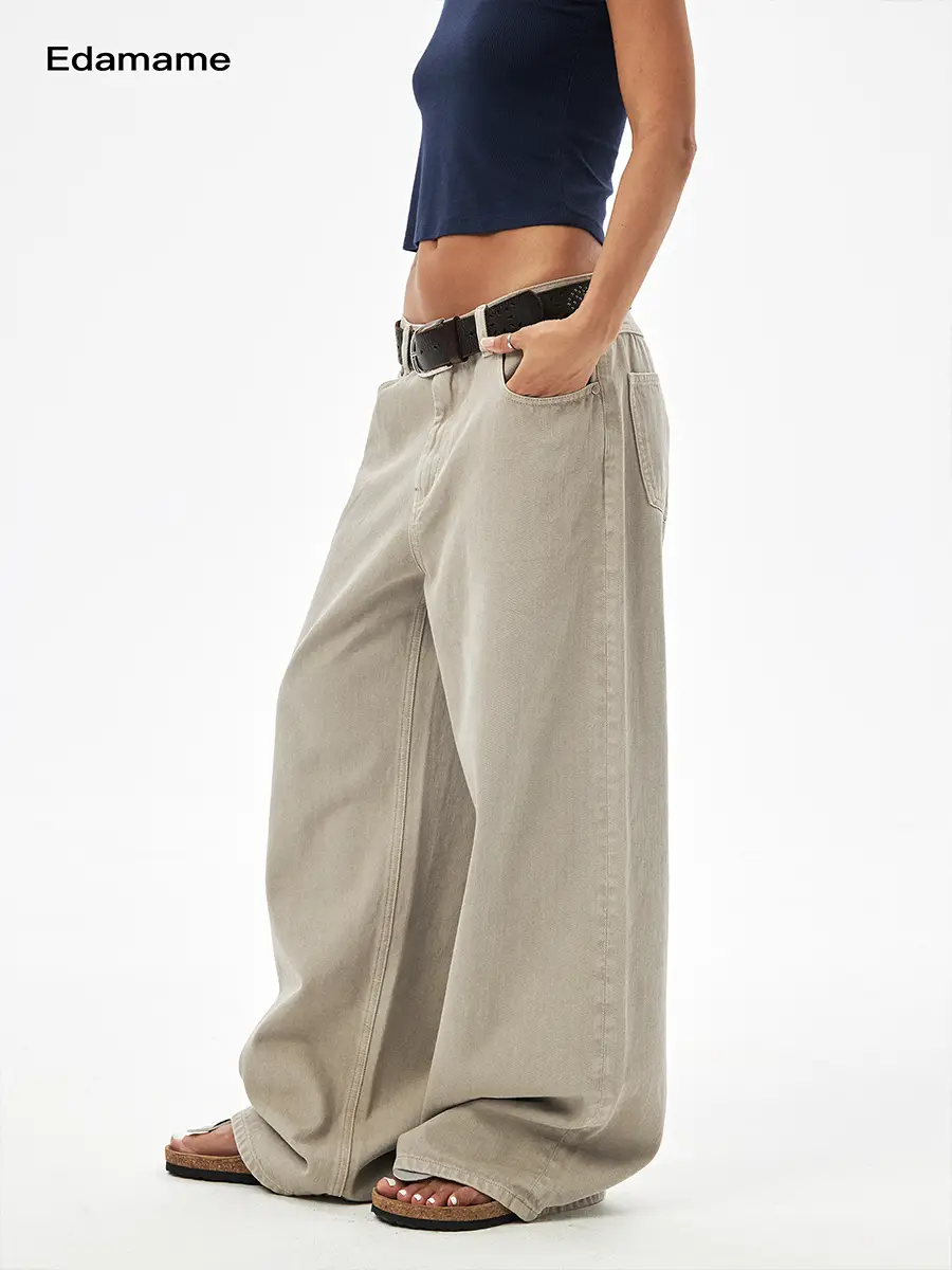 Emm Loose All Year Round Easiest for match Washed and Distressed Straight-leg Denim pants Two Colors All-Match Pants
