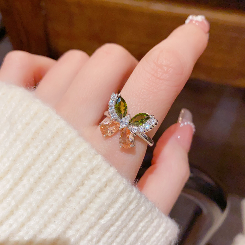 Autumn and Winter New Fashion Simple Rhinestone-Studded Color-Blocking Butterfly Open Ring, Unique and Exquisite, Light Luxury, Versatile, High-End Feel Ring