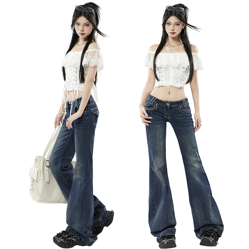 [Same Style as Yi Mengling] Retro Washed Blue Ultra-Low-Waist High-Elastic Bootcut Jeans and Long Pants