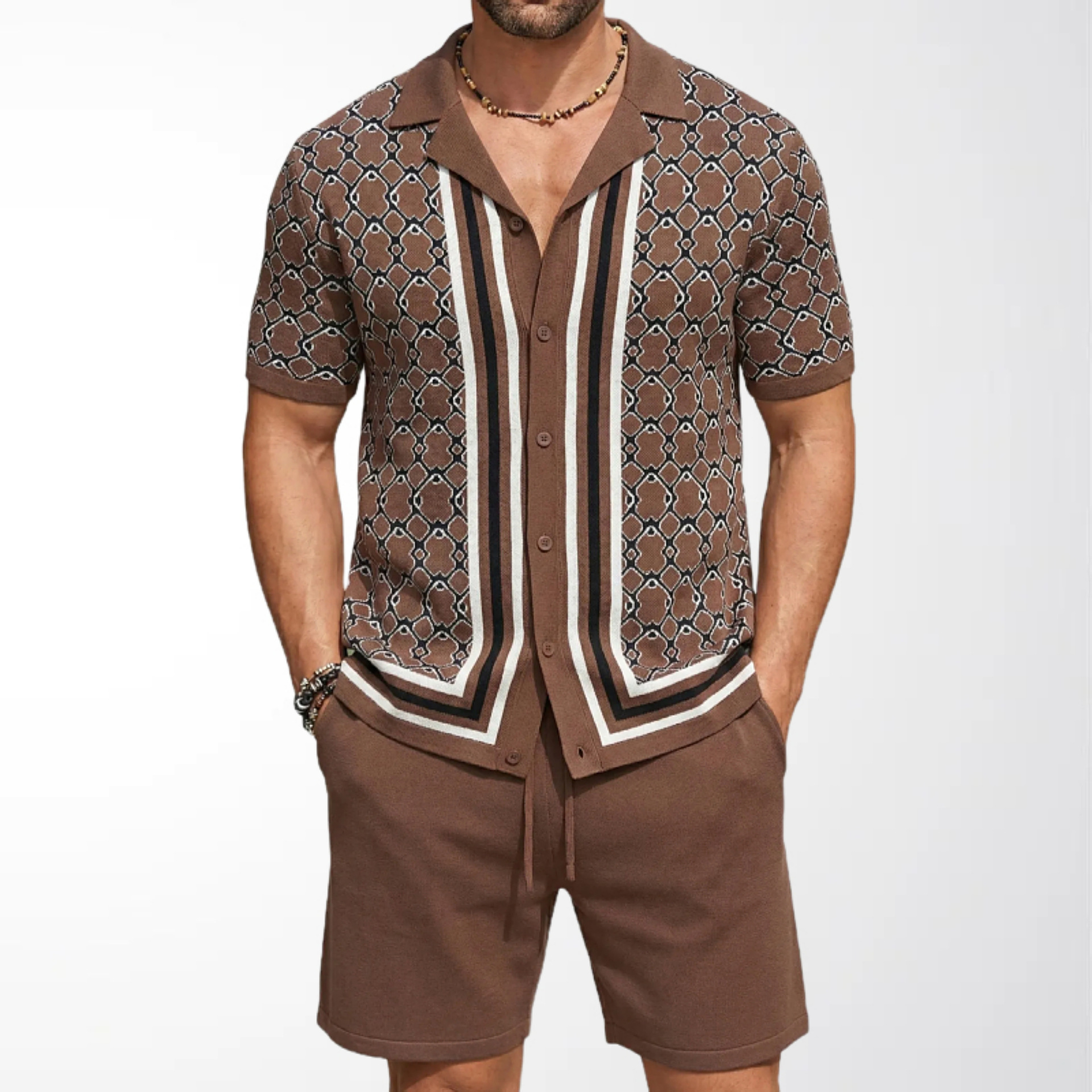 Men's Cuban Collar Knitted Suit Summer New Style Geometric Jacquard Short-Sleeved Cardigan Shorts Two-Piece Set in Stock Sy0196