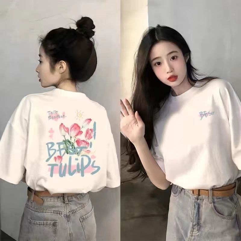 100% Pure Cotton White Regular Shoulder Short-Sleeve 2025 New Style Front and Back Printed Versatile Loose T-Shirt Women's Top Slimming Ins Style