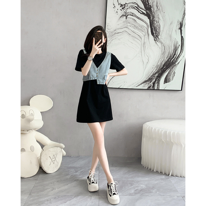 High-End Exquisite Denim Patchwork Dress for Women, New Summer Style Petite A-Line Dress